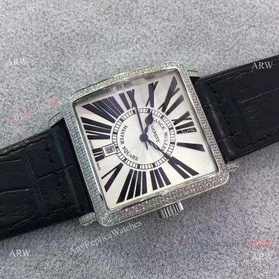 Replica Franck Muller SS Diamond Bezel Master Square Watch Black Leather Band